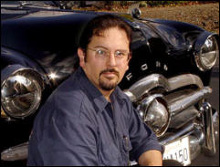 Portrait of Edward K Hudson, Artist, Oil Painter with his 1949 Ford Two Door