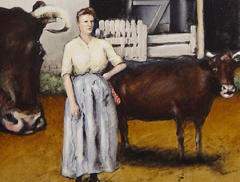 Detail of Oil Painting by Edward K Hudson, farm woman with two cows
